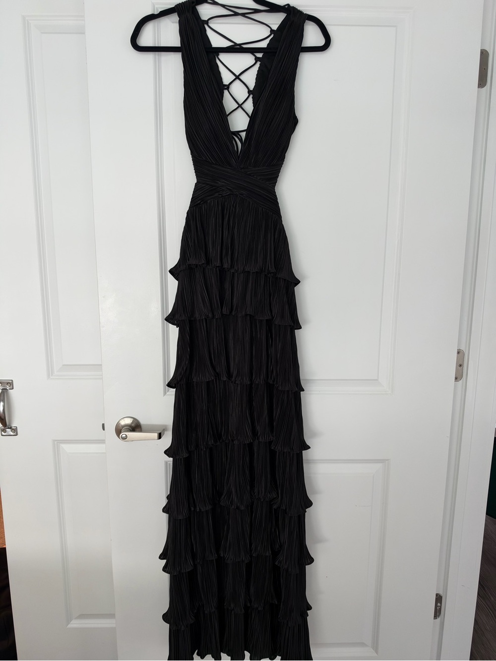 Lulus beauty icon black satin pleated tiered lace up maxi dress